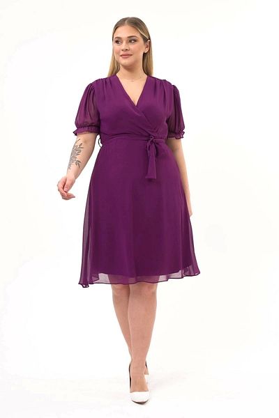 apsen Women's Double Breasted Collar Belted Plus Size Midi Chiffon Dress 4255/110