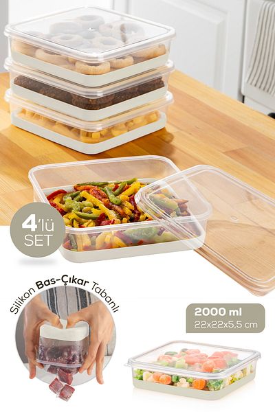 Vienev 4 Pieces Deep Freezer with 2000 ml Silicone Base - Gray Freeze Storage Container