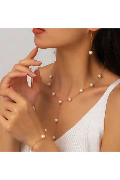 REN AKSESUAR Pearls Necklace Bracelet Earrings Set