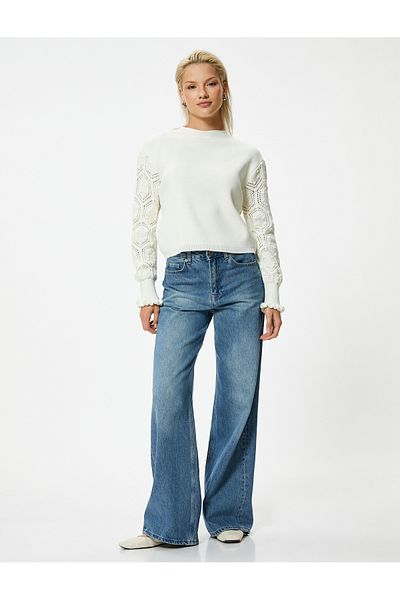 Koton Long Sleeve Knitwear Sweater - Openwork, Lightweight, Stand Collar and Ruffle Cuff Detail