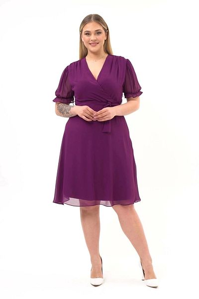 apsen Women's Double Breasted Collar Belted Plus Size Midi Chiffon Dress 4255/110
