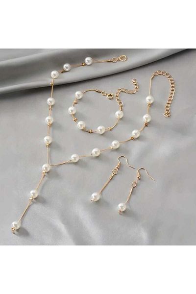 REN AKSESUAR Pearls Necklace Bracelet Earrings Set