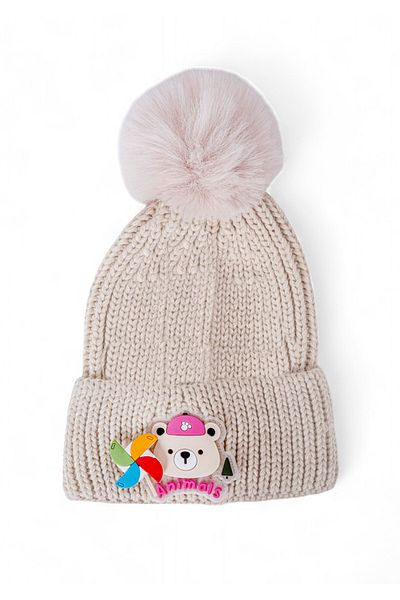 Eke Tekstil Girl's Folded Animals Embroidered Beanie with Pompom