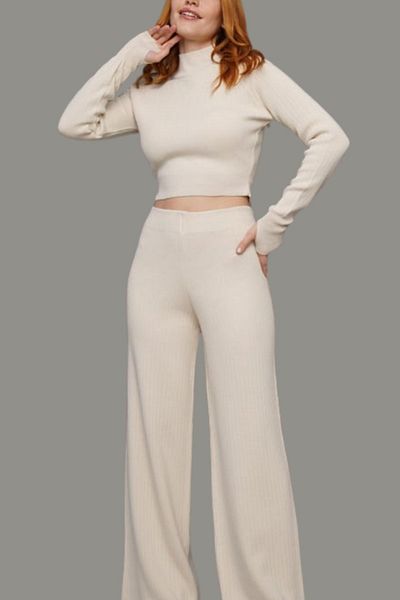 mefru Women's Croplu Plain Cut Knitwear Double Set
