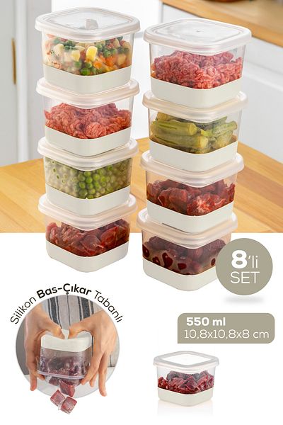 Vienev 550 ml Silicone Base 8 Piece Deep Freezer - White Freezer Storage Container