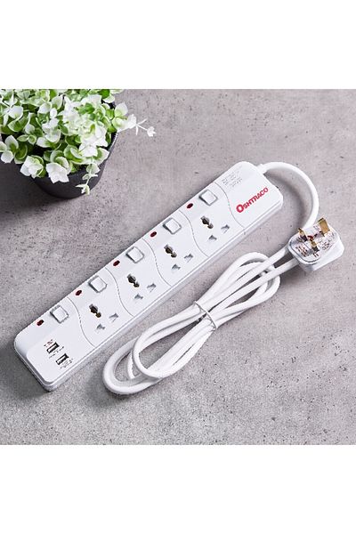 Home Box 4-Way Switch Socket with 2 m Cord & USB Charger