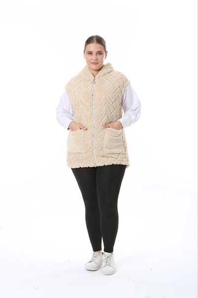 BİrHoşButik Plus Size Soft Lycra Plush Fleece Cardigan - Women's Vest with Pockets and Hoodie