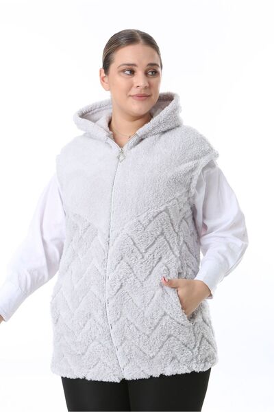 BİrHoşButik Plus Size Soft Lycra Plush Fleece Cardigan - Women's Vest with Pockets and Hoodie