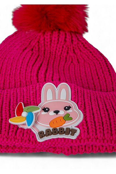 Eke Tekstil Girl's Pompom Folded Rabbit Rabbit Embroidered Beret