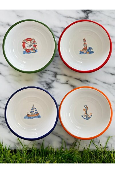 EMAYE TEZGAHI 4 Pieces 24 cm Marine Enamel Bowl - Pit, Soup and Deep Plate Retro Design