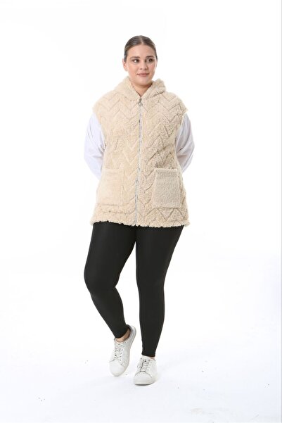 BİrHoşButik Plus Size Soft Lycra Plush Fleece Cardigan - Women's Vest with Pockets and Hoodie
