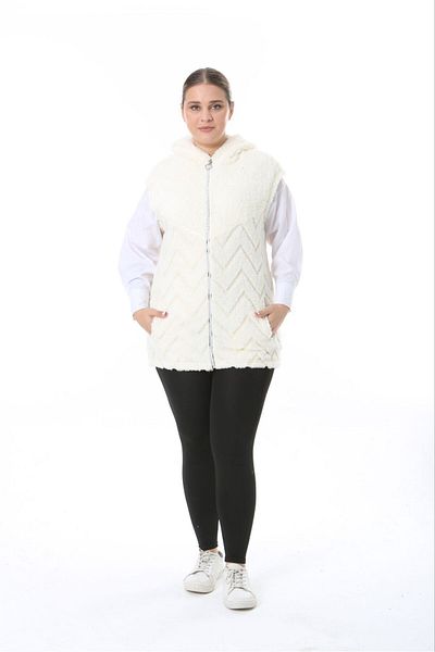 BİrHoşButik Plus Size Soft Lycra Plush Fleece Cardigan - Women's Vest with Pockets and Hoodie