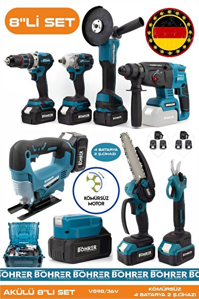 BÖHRER Alman Akülü Kömürsüz V598 5ah Profesypnel 8 Makine Kombo Set ,4 Batary...