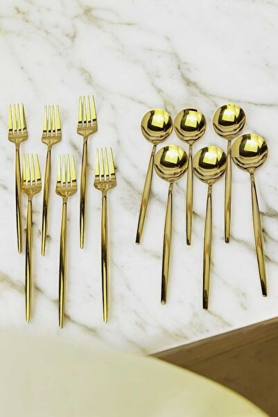ariana sytle 12 Parça Parlak  Gold Yemek Çatal Kaşık Seti