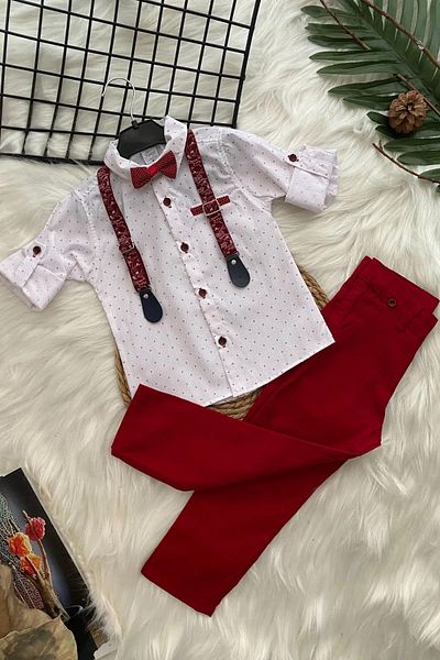 ABİYEKİDS Claret Red Bow Tie Boy's Set - Strappy Shirt Aby135
