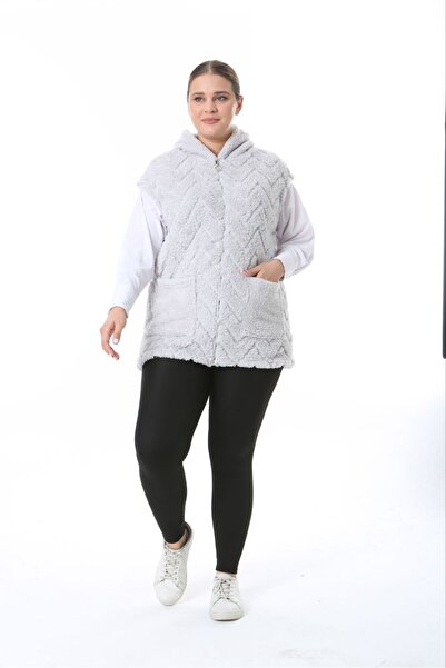 BİrHoşButik Plus Size Soft Lycra Plush Fleece Cardigan - Women's Vest with Pockets and Hoodie