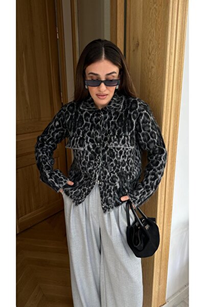 Zey Studio Γυναικείο πλεκτό μπουφάν με γιακά ζακάρ με μοτίβο λεοπάρ ανθρακί