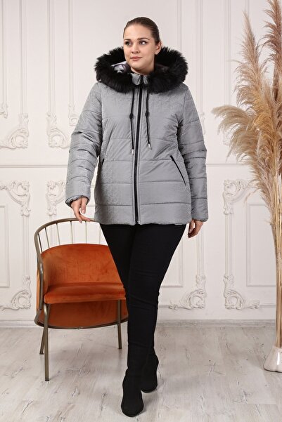 RMG Kapşonlu Mat Kumaş Büyük Beden Siyah Şişme Mont-