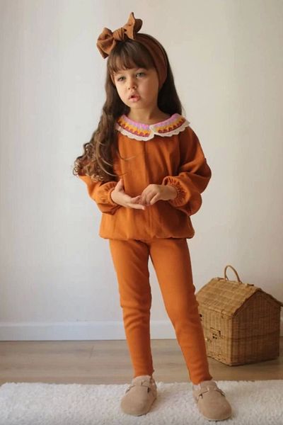 Kidmark Çocuk Modası Girl's Collar Detailed Brown Tights Set