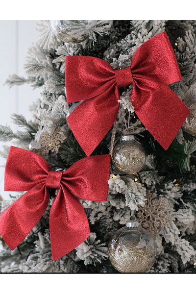 AMALFİ Christmas Red Glitter Eva Bow - Pine Tree Decorated, 25X25 cm