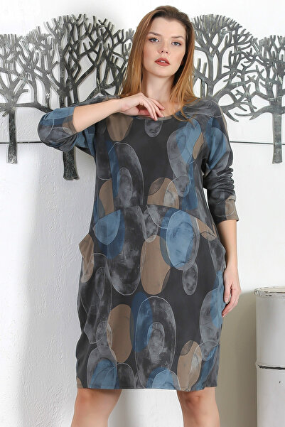 Chiccy Italian Coffee-Anthracite 2 Thread Pocket Round Neck Printed Knitted Dress