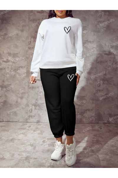 EFFRENATU Γυναικεία φόρμα Oversize Crew Neck Σετ Χειμερινή Βαμβακερή επένδυση με υπέροχες στάμπες