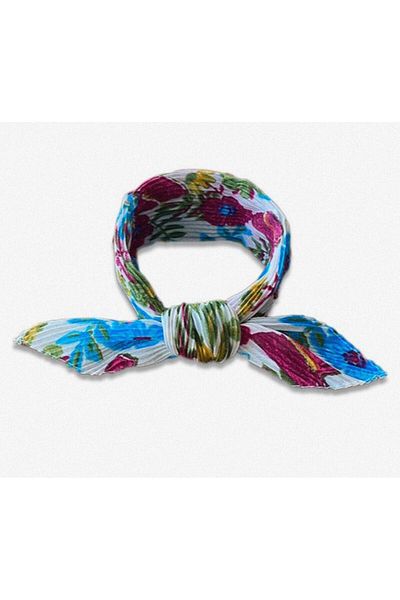Cesi Collection Multi-Colored Floral Patterned Pleated Scarf on White Background