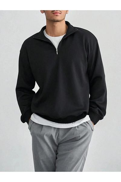 AEMİ Hanorac oversize unisex negru - Hanorac cu jumătate de fermoar