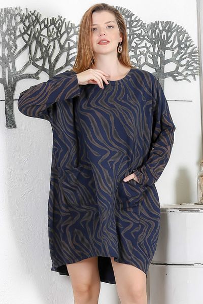 Chiccy Navy Blue Round Neck - Allover Printed Casual Knitted Dress with Pockets 2 Yarn No Ribbon