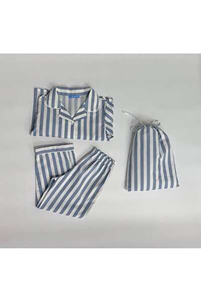 MİO Erkek Çocuk Mavi Çizgili Çantalı Pijama Takım