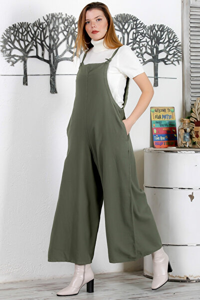 Chiccy Haki Askılı Bağlamalı Çift Cepli Yıkamalı Geniş Paça Casual Salaş Dokuma Tulum