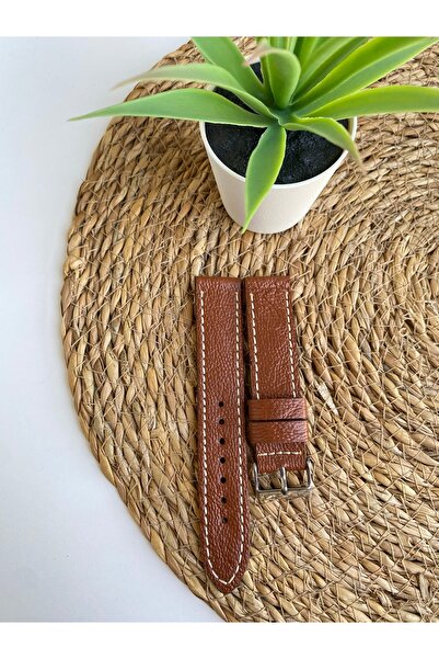 Prizma 20mm Kahverengi Suni Deri Saat Kordonu. Krem Dikiş.