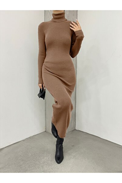 Modamorfo Half-Necked Ribbed Knitwear Dress -Mink