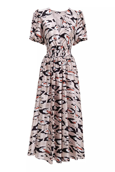 Keikei Desenli saten kısa kol uzun elbise