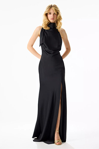 Keikei Siyah saten kolsuz uzun elbise