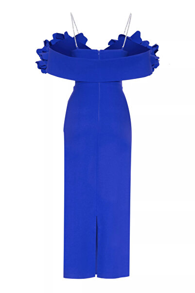 Keikei Saks Mavisi Krep Kolsuz Uzun Elbise