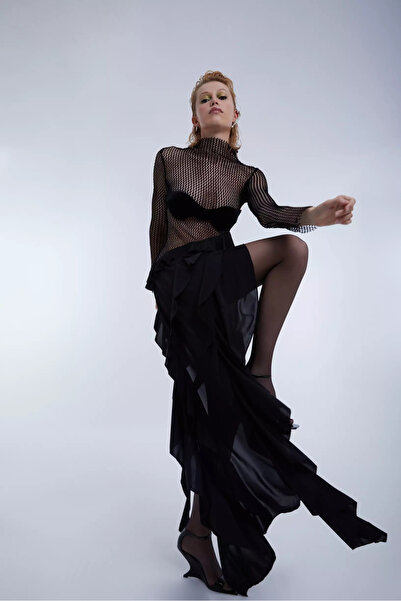 Keikei Siyah file uzun kol uzun elbise