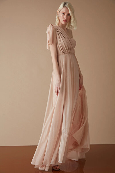 Keikei Altın Tül Tek Kol Uzun Elbise