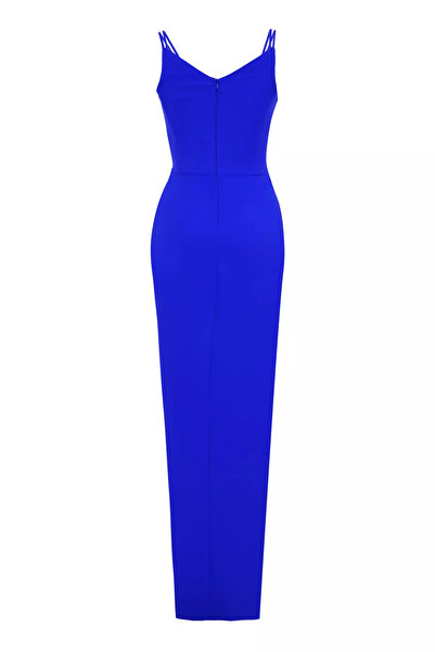Keikei Saks mavisi krep kolsuz uzun elbise