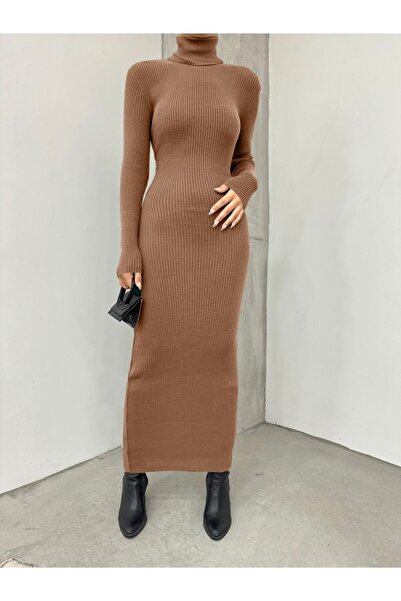 Modamorfo Half-Necked Ribbed Knitwear Dress -Mink