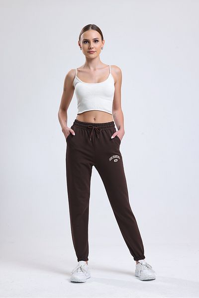 Babelook Καφέ κεντημένο Jogger Sweatpants - Κορδόνι, Κανονική μέση, Σχολική φόρμα