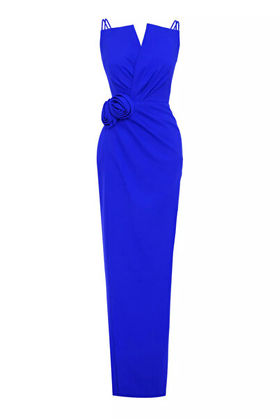 Keikei Saks mavisi krep kolsuz uzun elbise
