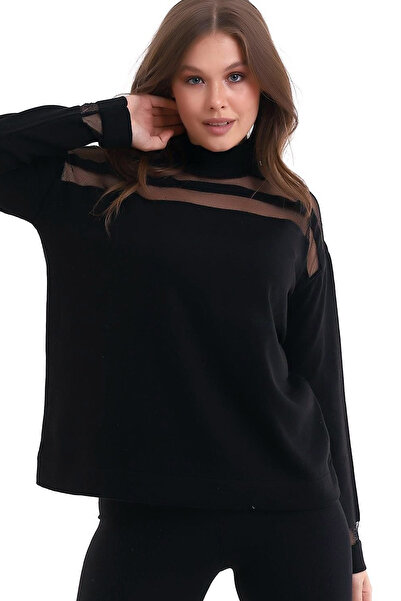 MissKybele Yarım Boyunlu Dik Balıkçı Yaka Uzun Kollu Göğsü Transparan Tül Şer...