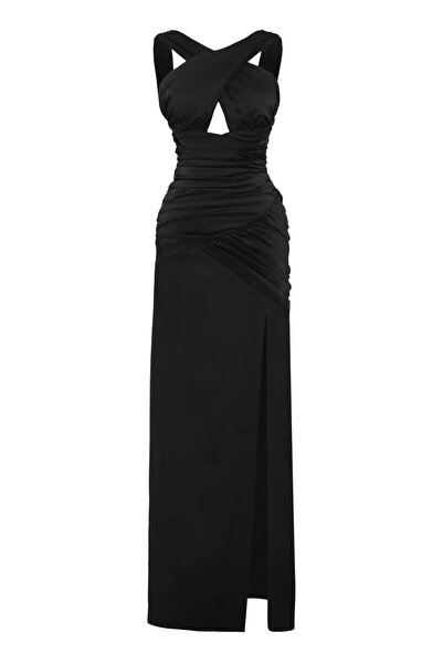 Keikei Siyah saten kolsuz uzun elbise