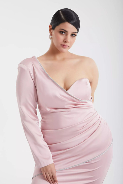 Keikei Pudra büyük beden saten tek kol uzun elbise