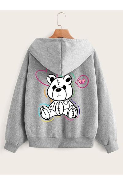 modaberry Broken Heart Bear Sweatshirt Zippered Cardigan - Gray Printed Oversize Pocket Winter Hoodie