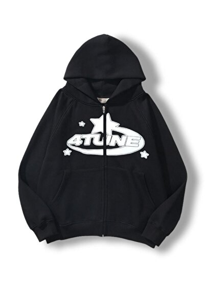 modaberry 4 Tune Sweatshirt Zippered Cardigan - Black Printed Oversize Pocket...