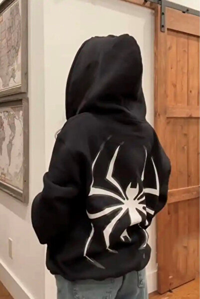modaberry Büyük Örümcek Sweatshirt Fermuarlı Hırka - Siyah Baskılı Oversize Cepli Kışlık Kapüşonlu