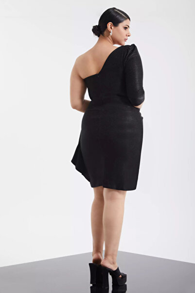 Keikei Siyah büyük beden parıltı tek kol kısa elbise