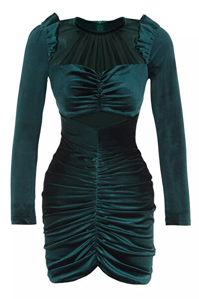 Keikei Yeşil kadife uzun kol kısa elbise